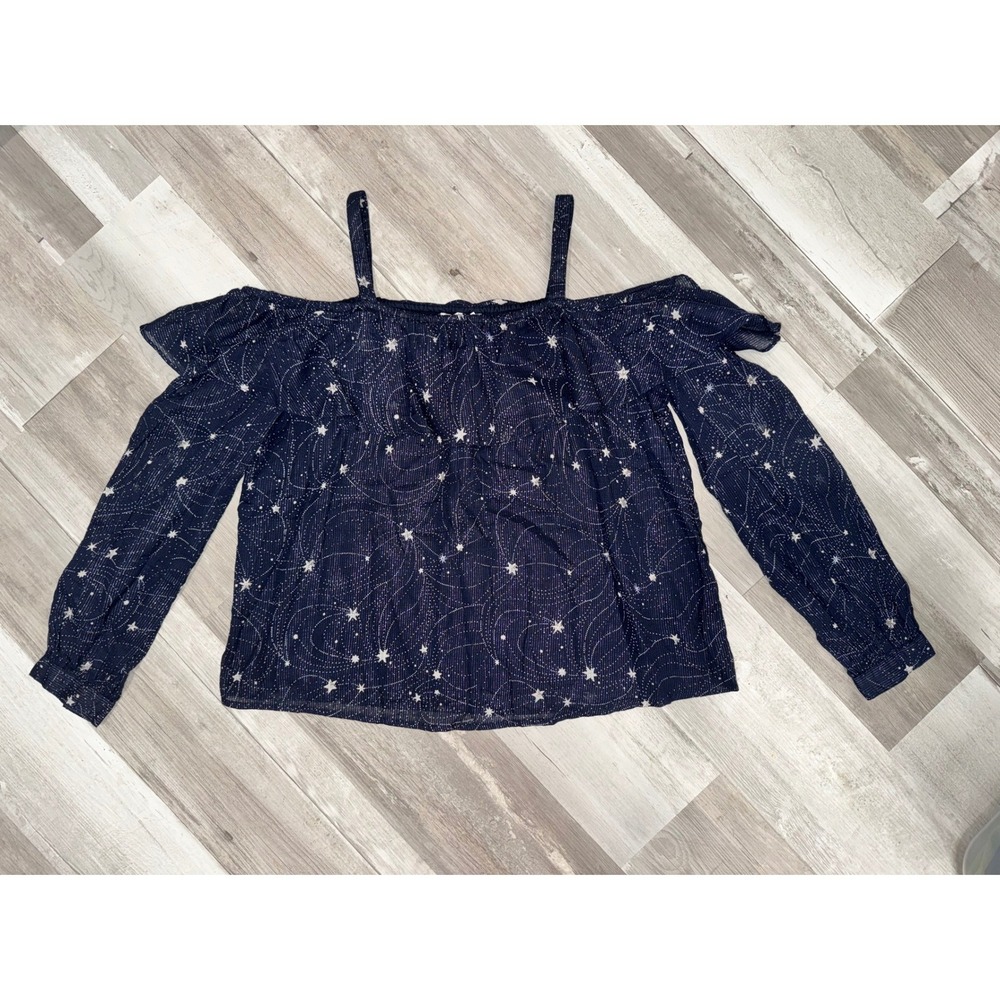 Anthropologie Floreat Blouse Womens Navy Celestial Star Cold Shoulder Small NWT